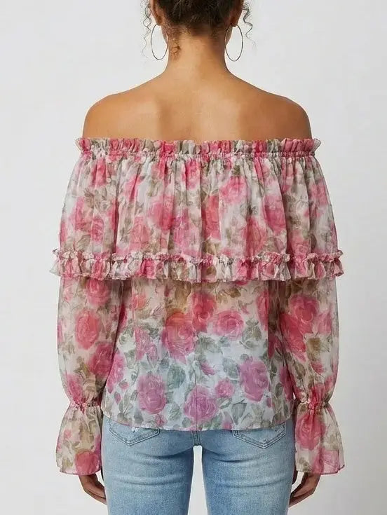 Rose Print Off Shoulder Ruffle Chiffon Blouse - Tops