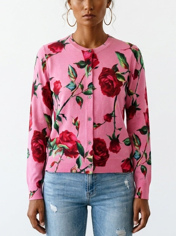 Rose Print Pink Merino Wool Cardigan Sweater - Sweaters & Knitwear