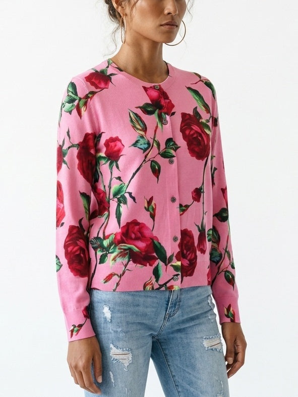 Rose Print Pink Merino Wool Cardigan Sweater - Sweaters & Knitwear