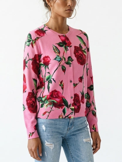 Rose Print Pink Merino Wool Cardigan Sweater - Sweaters & Knitwear
