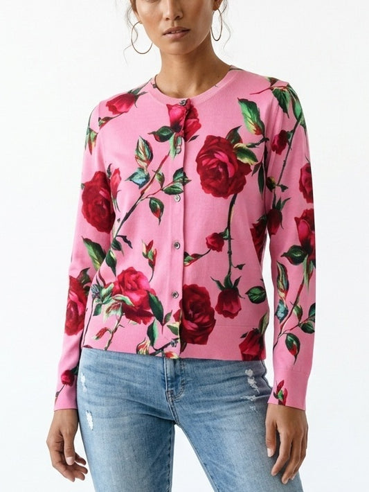Rose Print Pink Merino Wool Cardigan Sweater - Sweaters & Knitwear