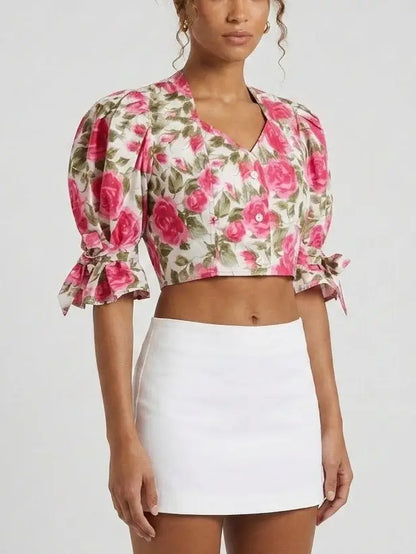 Rose Print Puff Sleeve Cropped Cotton Blouse - Tops