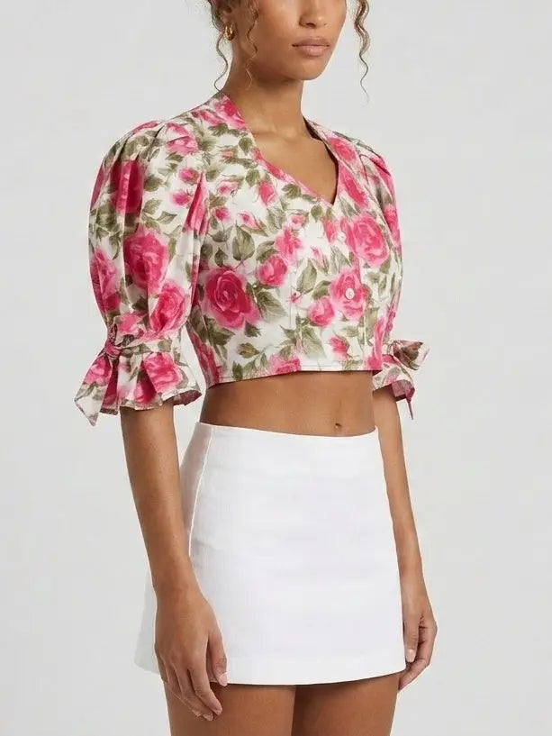 Rose Print Puff Sleeve Cropped Cotton Blouse - Tops