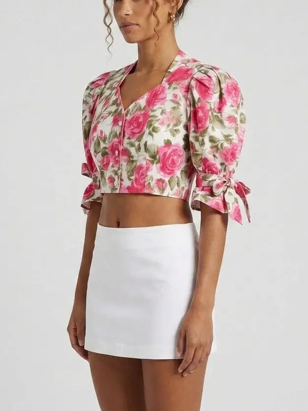 Rose Print Puff Sleeve Cropped Cotton Blouse - Tops