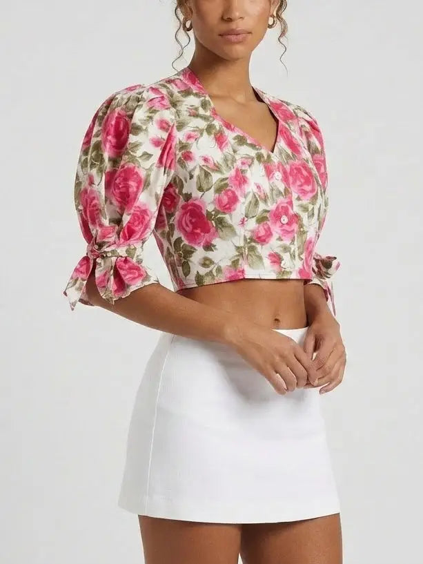 Rose Print Puff Sleeve Cropped Cotton Blouse - Tops