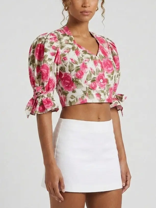 Rose Print Puff Sleeve Cropped Cotton Blouse - Tops