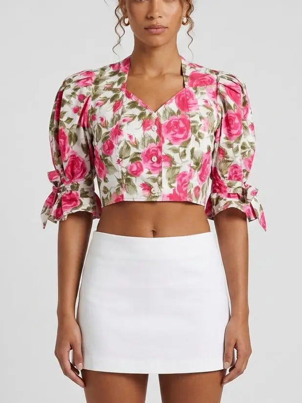 Rose Print Puff Sleeve Cropped Cotton Blouse - Tops