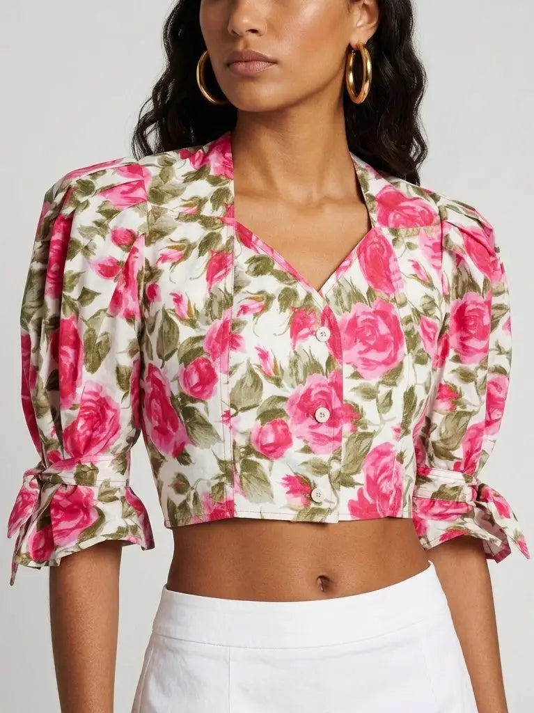 Rose Print Puff Sleeve Cropped Cotton Blouse - Tops