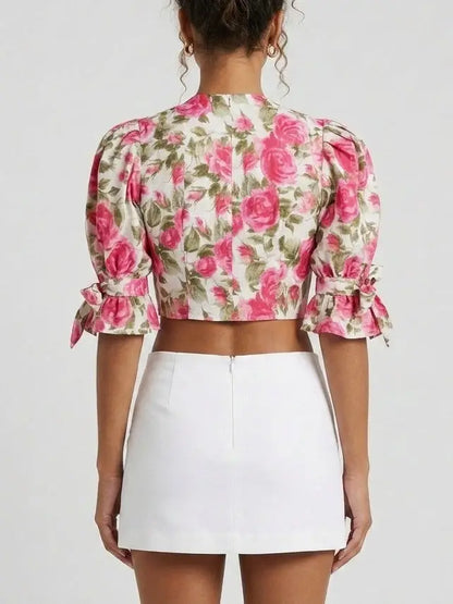 Rose Print Puff Sleeve Cropped Cotton Blouse - Tops