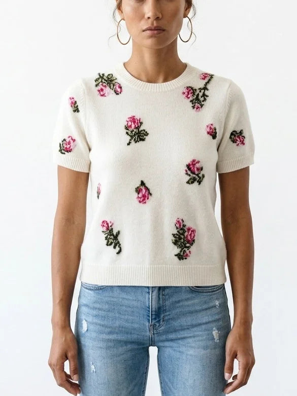 Rose Print Short Sleeve Wool Cashmere Sweater - Small / Ivory - Sweaters & Knitwear