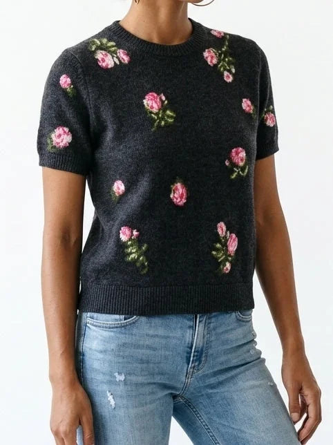 Rose Print Short Sleeve Wool Cashmere Sweater - Sweaters & Knitwear
