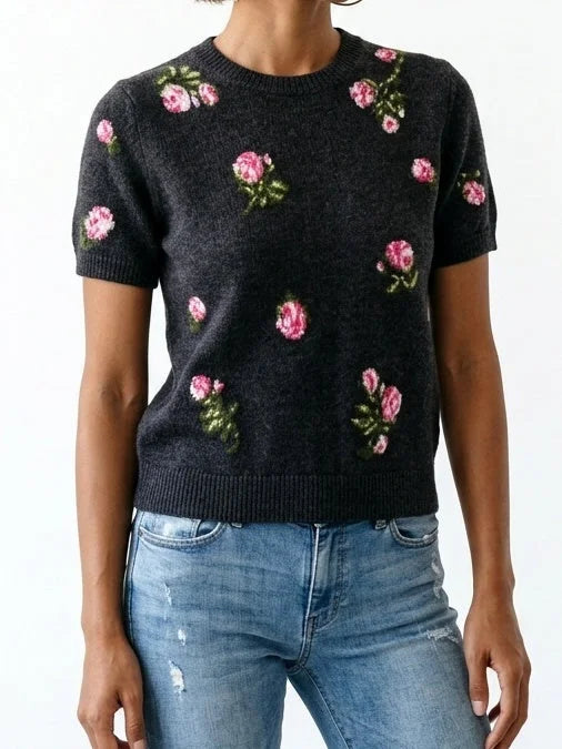 Rose Print Short Sleeve Wool Cashmere Sweater - Sweaters & Knitwear