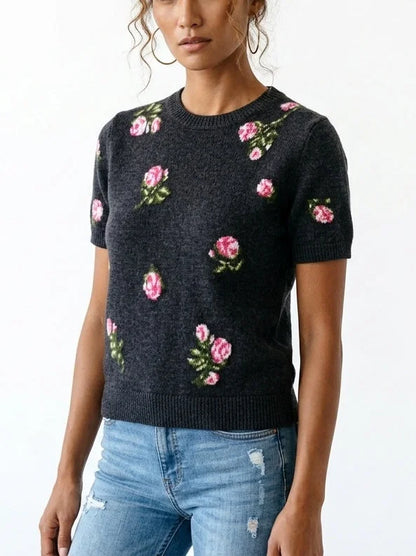 Rose Print Short Sleeve Wool Cashmere Sweater - Sweaters & Knitwear