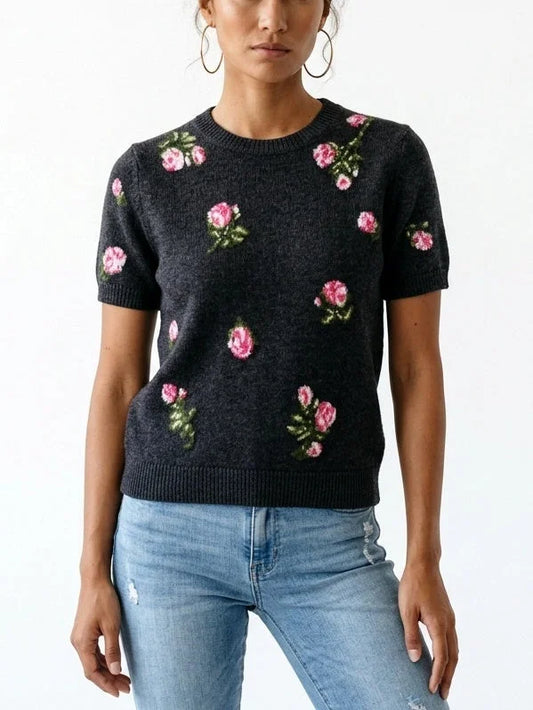 Rose Print Short Sleeve Wool Cashmere Sweater - Sweaters & Knitwear