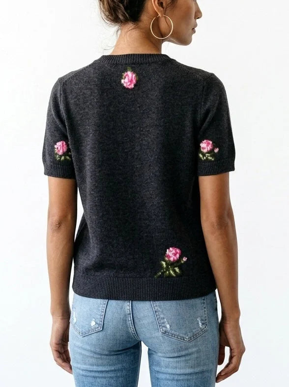 Rose Print Short Sleeve Wool Cashmere Sweater - Sweaters & Knitwear
