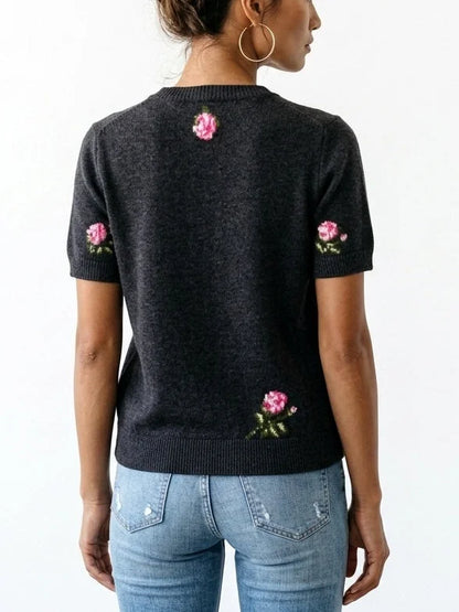 Rose Print Short Sleeve Wool Cashmere Sweater - Sweaters & Knitwear