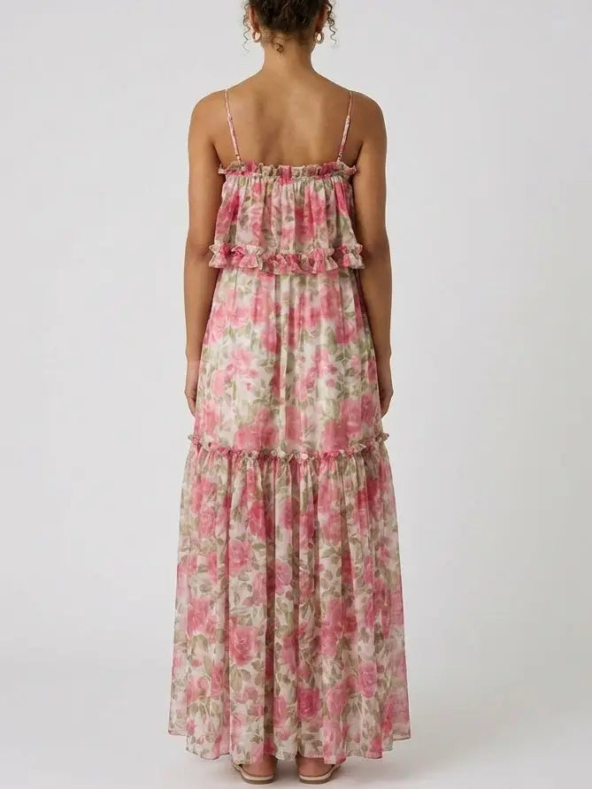 Rose Print Silk Chiffon Ruffle Tiered Maxi Dress - Dresses