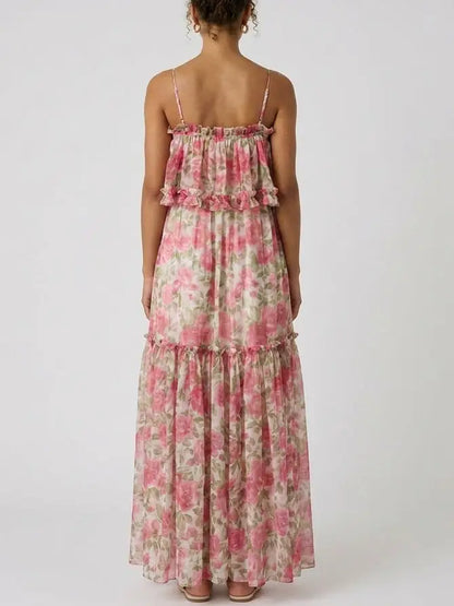 Rose Print Silk Chiffon Ruffle Tiered Maxi Dress - Dresses