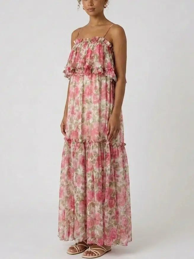 Rose Print Silk Chiffon Ruffle Tiered Maxi Dress - Dresses