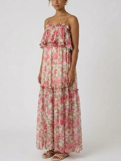Rose Print Silk Chiffon Ruffle Tiered Maxi Dress - Dresses