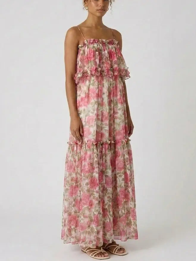Rose Print Silk Chiffon Ruffle Tiered Maxi Dress - Dresses