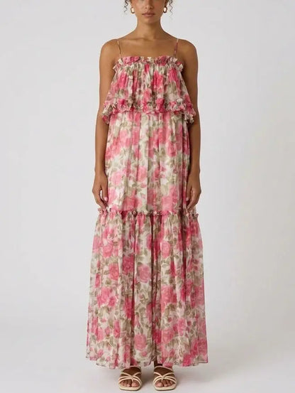 Rose Print Silk Chiffon Ruffle Tiered Maxi Dress - Dresses