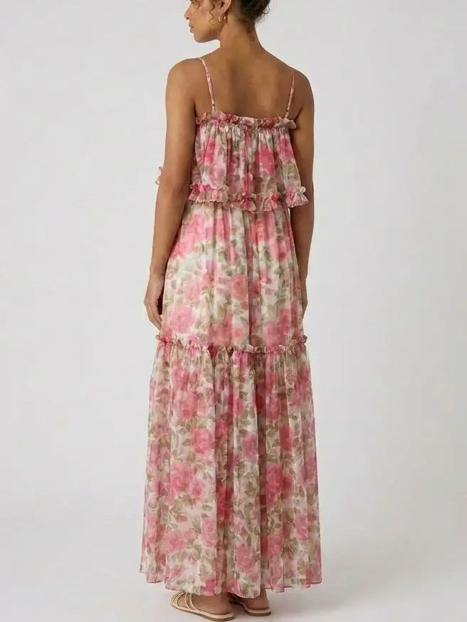 Rose Print Silk Chiffon Ruffle Tiered Maxi Dress - Dresses