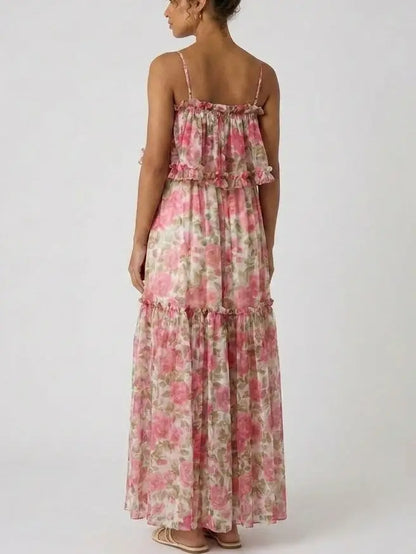 Rose Print Silk Chiffon Ruffle Tiered Maxi Dress - Dresses
