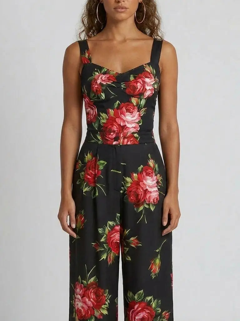Rose Print Silk Corset Top and Pant Set - Suits & Sets