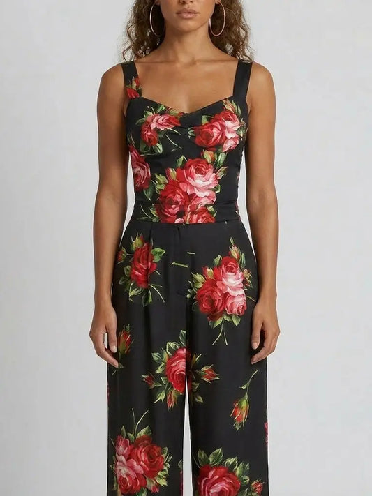 Rose Print Silk Corset Top and Pant Set - Suits & Sets