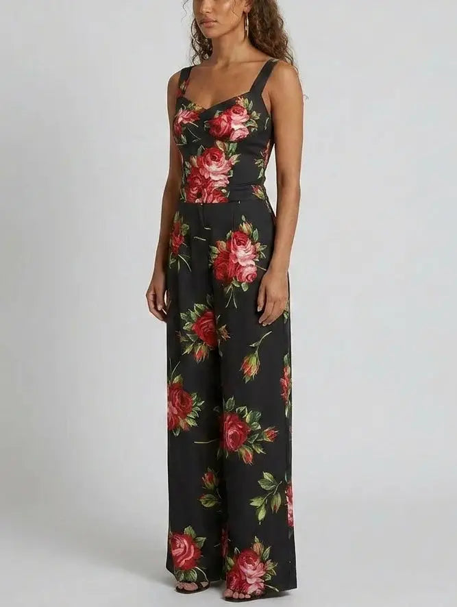 Rose Print Silk Corset Top and Pant Set - Suits & Sets