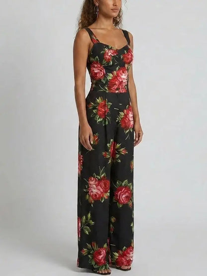 Rose Print Silk Corset Top and Pant Set - Suits & Sets