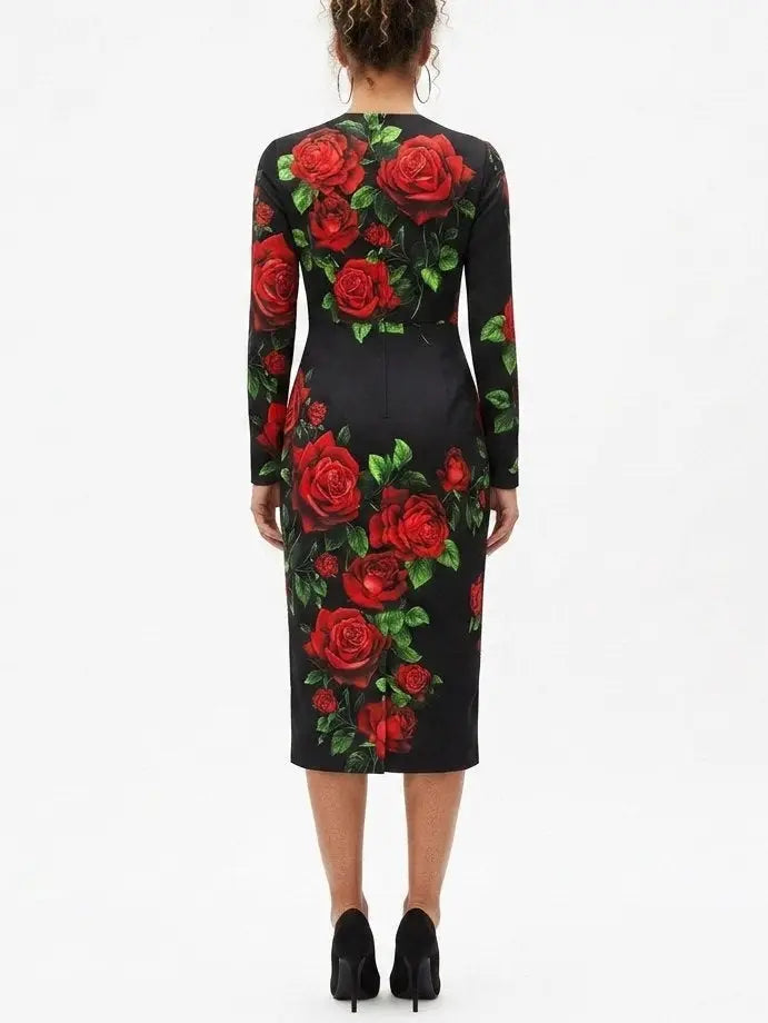 Rose Print Silk Long Sleeve Sheath Dress - Dresses