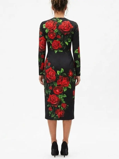 Rose Print Silk Long Sleeve Sheath Dress - Dresses