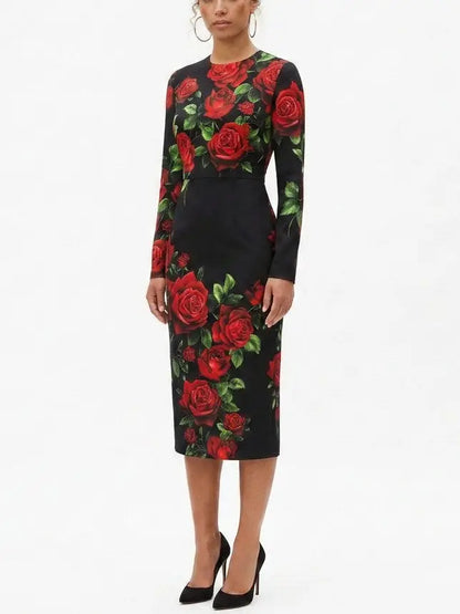 Rose Print Silk Long Sleeve Sheath Dress - Dresses