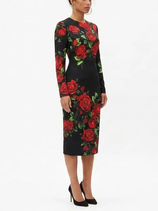 Rose Print Silk Long Sleeve Sheath Dress - Dresses