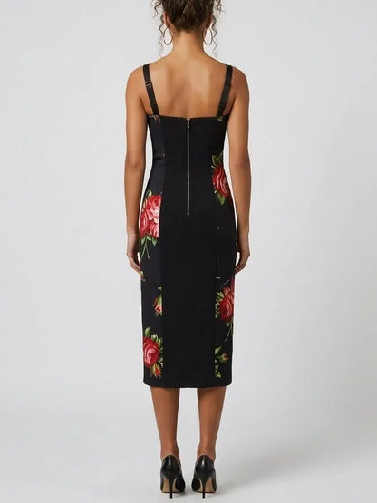 Rose Print Silk Sheath Midi Dress - Dresses