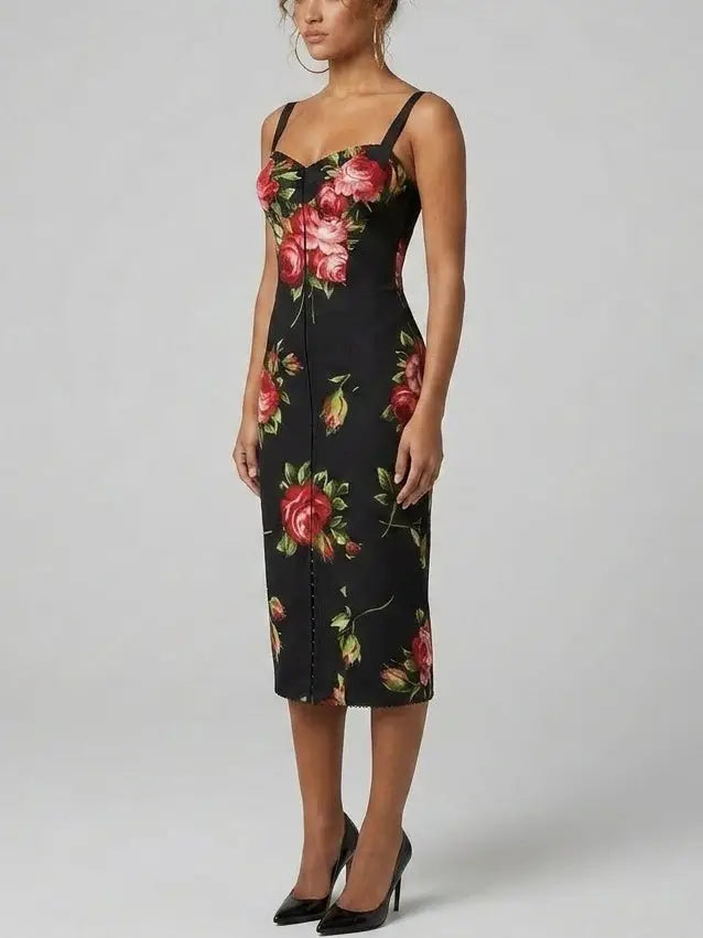 Rose Print Silk Sheath Midi Dress - Dresses