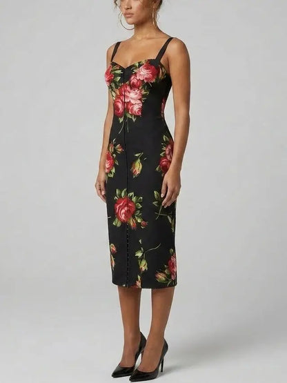 Rose Print Silk Sheath Midi Dress - Dresses