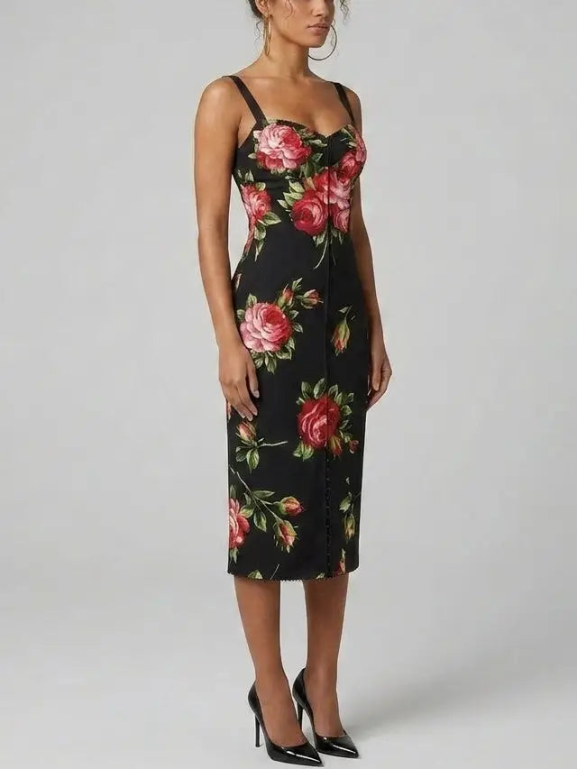 Rose Print Silk Sheath Midi Dress - Dresses