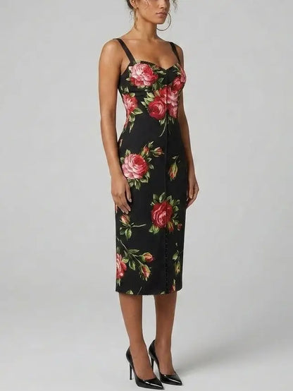 Rose Print Silk Sheath Midi Dress - Dresses