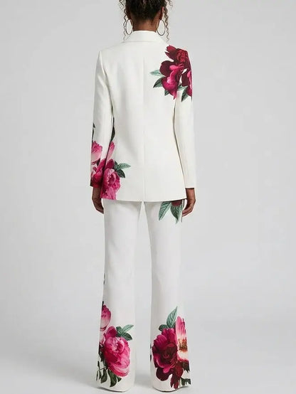 Rose Print Single-Breasted Blazer and Flared Pants Set - Suits & Sets