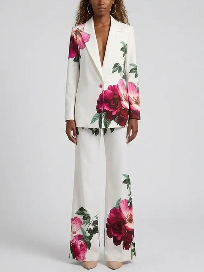Rose Print Single-Breasted Blazer and Flared Pants Set - Suits & Sets