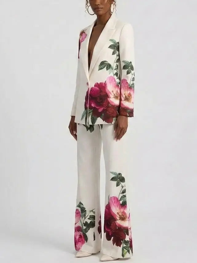 Rose Print Single-Breasted Blazer and Flared Pants Set - Suits & Sets