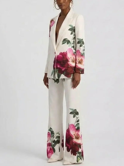 Rose Print Single-Breasted Blazer and Flared Pants Set - Suits & Sets
