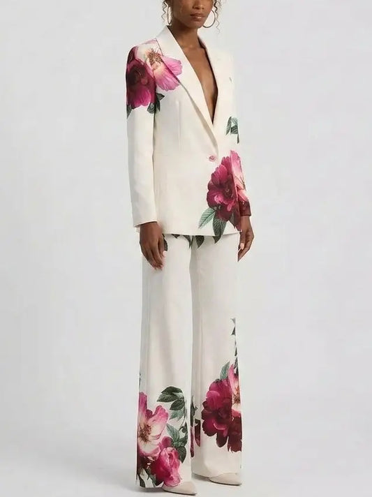 Rose Print Single-Breasted Blazer and Flared Pants Set - Suits & Sets