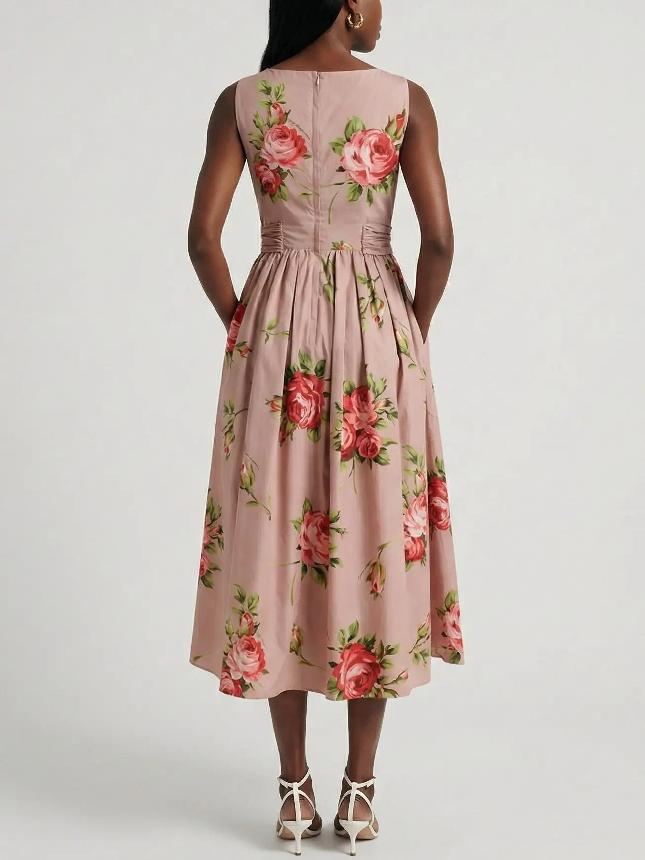 Rose Print Sleeveless Tie-Waist Dress - Dresses