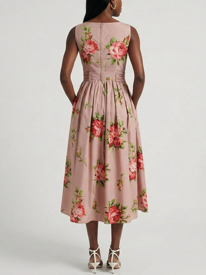 Rose Print Sleeveless Tie-Waist Dress - Dresses