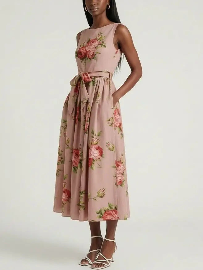 Rose Print Sleeveless Tie-Waist Dress - Dresses