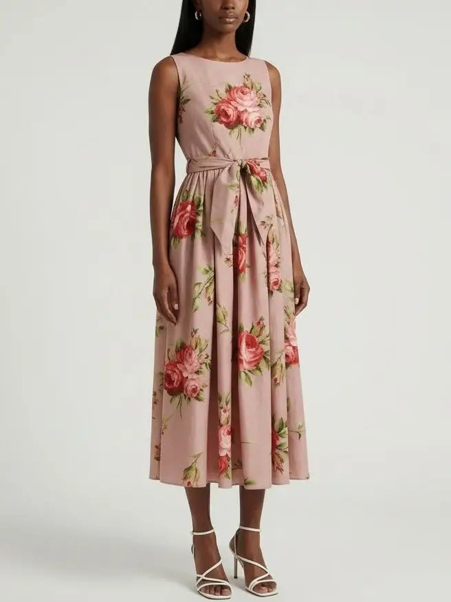Rose Print Sleeveless Tie-Waist Dress - Dresses